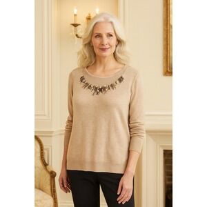 Chicos Womens Size 4 / XXL Tan Beige Embellished Beaded Neckline Sweater Blouse